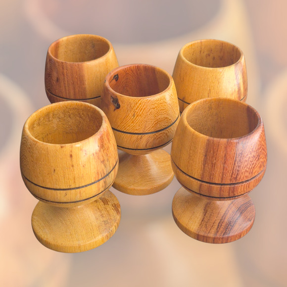 Vintage Set of 5 Olive Wood Egg or Communion Cup Unique Wood Grain, Handcrafted - Picture 5 of 7